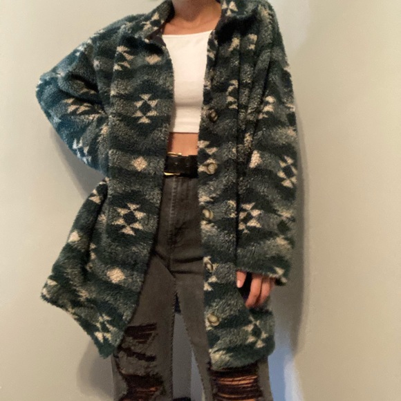 Jackets & Blazers - Vintage Dark Green + Cream Fuzzy Jacket